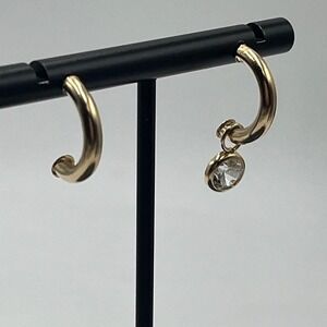 AAJ Vintage Designer 10k Yellow Gold J Half-Hoop Dangle Round CZ Charm Earrings